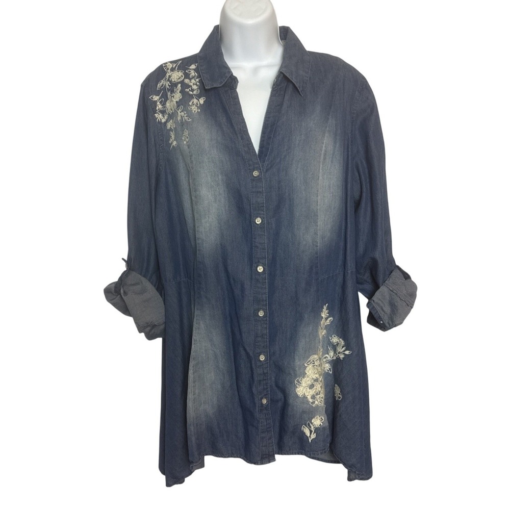 Vintage‎ America Women XL Chambray Denim Shirt Western Embroidered Scarlett